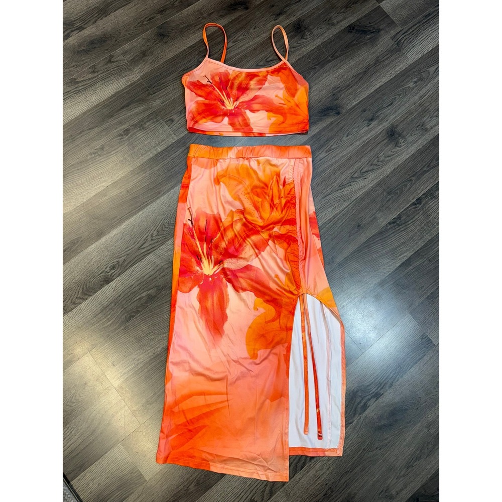 SHEIN Orange Tropical Floral Lily Print 2 Piece Crop Top & Midi Skirt Set Small